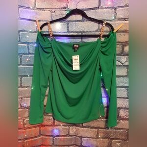 NWT INC International Concepts "Bright Pine" Cold Shoulder Top W/Gold Chain